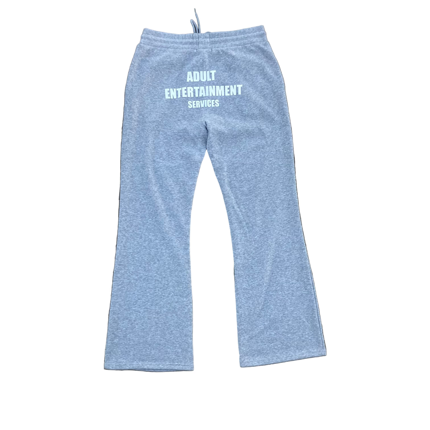 Gray wide leg sweatpants with 'Adult Entertainment Services' text on butt